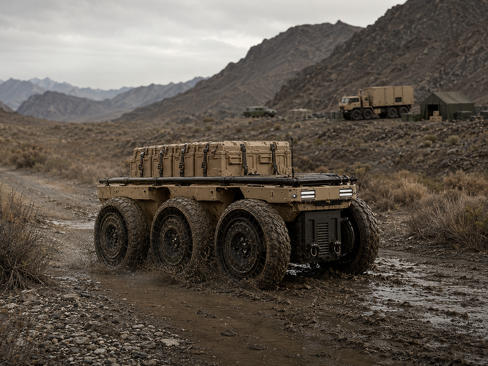 A Reuters-style editorial photo of a desert yellow TerraMate 6x6 logistics UGV carrying modular cargo boxes across rough gravel and muddy terrain, no visible weapons, no people facing camera, documentary defense industry photography