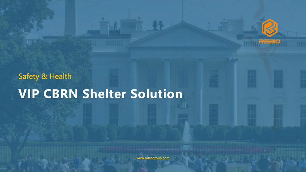 White House backdrop with REBIO logo and text Safety & Health VIP CBRN Shelter Solution over a crowd below