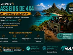 Anúncio de passeios 4x4 em Fernando de Noronha: jipe com turistas à beira-mar, falésias, mar turquesa e textos promocionais.