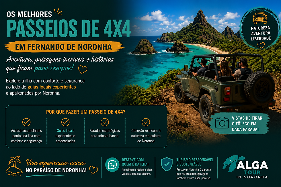 Anúncio de passeios 4x4 em Fernando de Noronha: jipe com turistas à beira-mar, falésias, mar turquesa e textos promocionais.