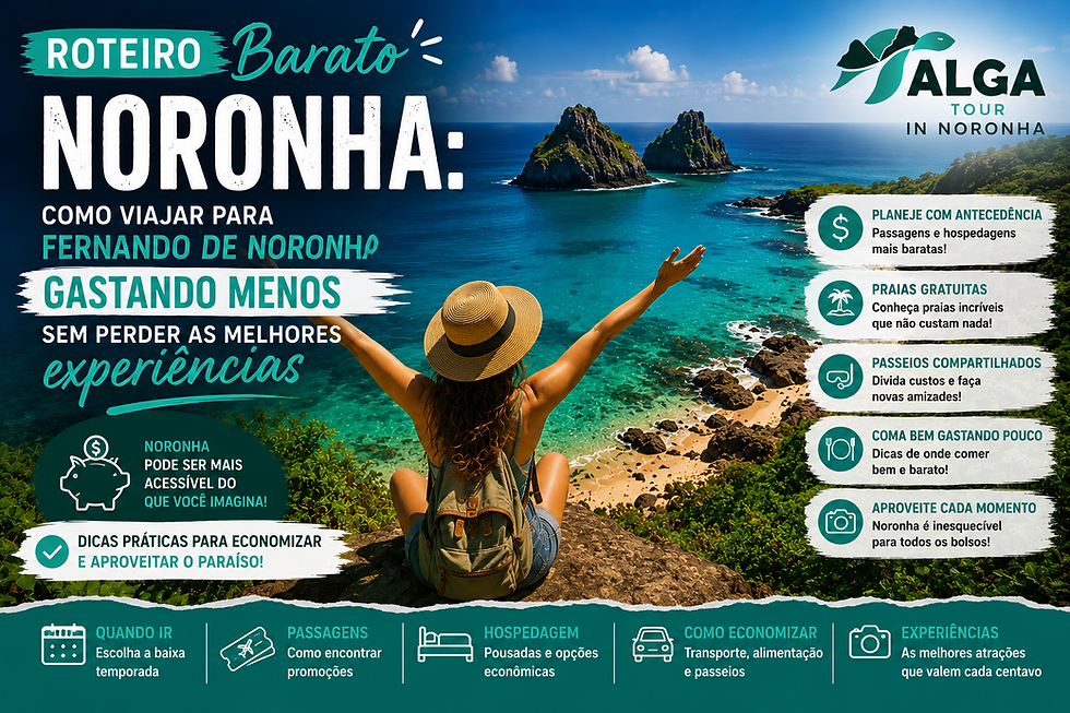 Infográfico de viagem barata a Noronha, com mulher de chapéu vendo o mar e dicas de economia, praias e passeios.