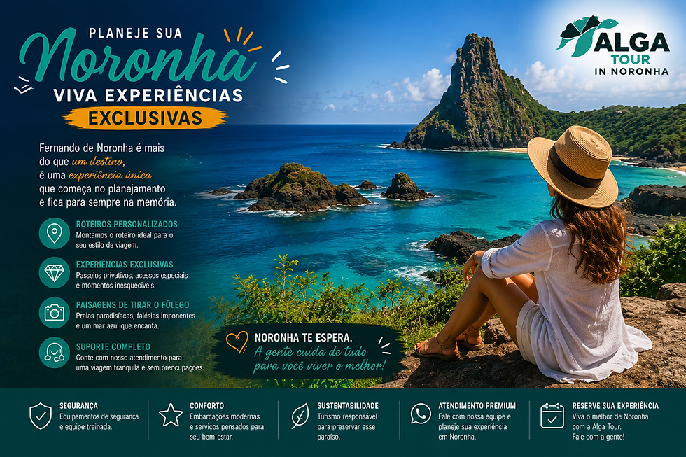 Turista observando o mar azul de Fernando de Noronha com falésias ao fundo, representando planejamento e experiências exclusivas na ilha.