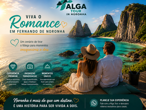 Casal observando o mar cristalino de Fernando de Noronha com falésias ao fundo, representando uma experiência romântica e premium no arquipélago.