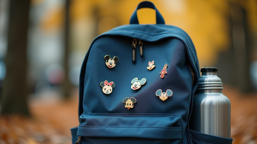 Close-up view of a backpack with Disney pins and water bottle