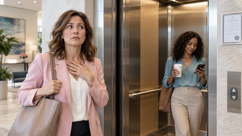 Anxious woman in pink blazer waits by an elevator while another woman rides inside, smiling at her phone in a bright office lobby