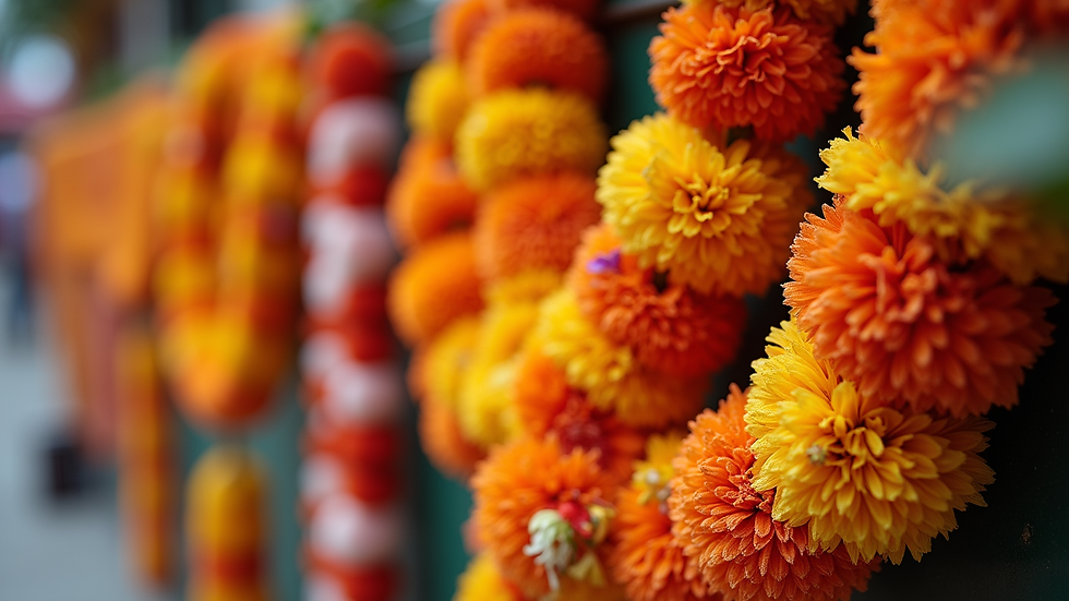 Close-up view of flower garlands used in temple offerings