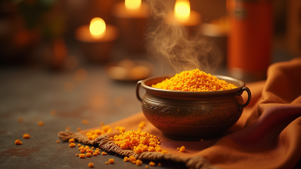 Close-up view of sacred prasad in traditional container