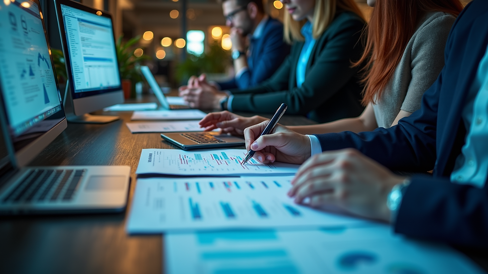 High angle view of a digital marketing team analyzing AI-generated reports