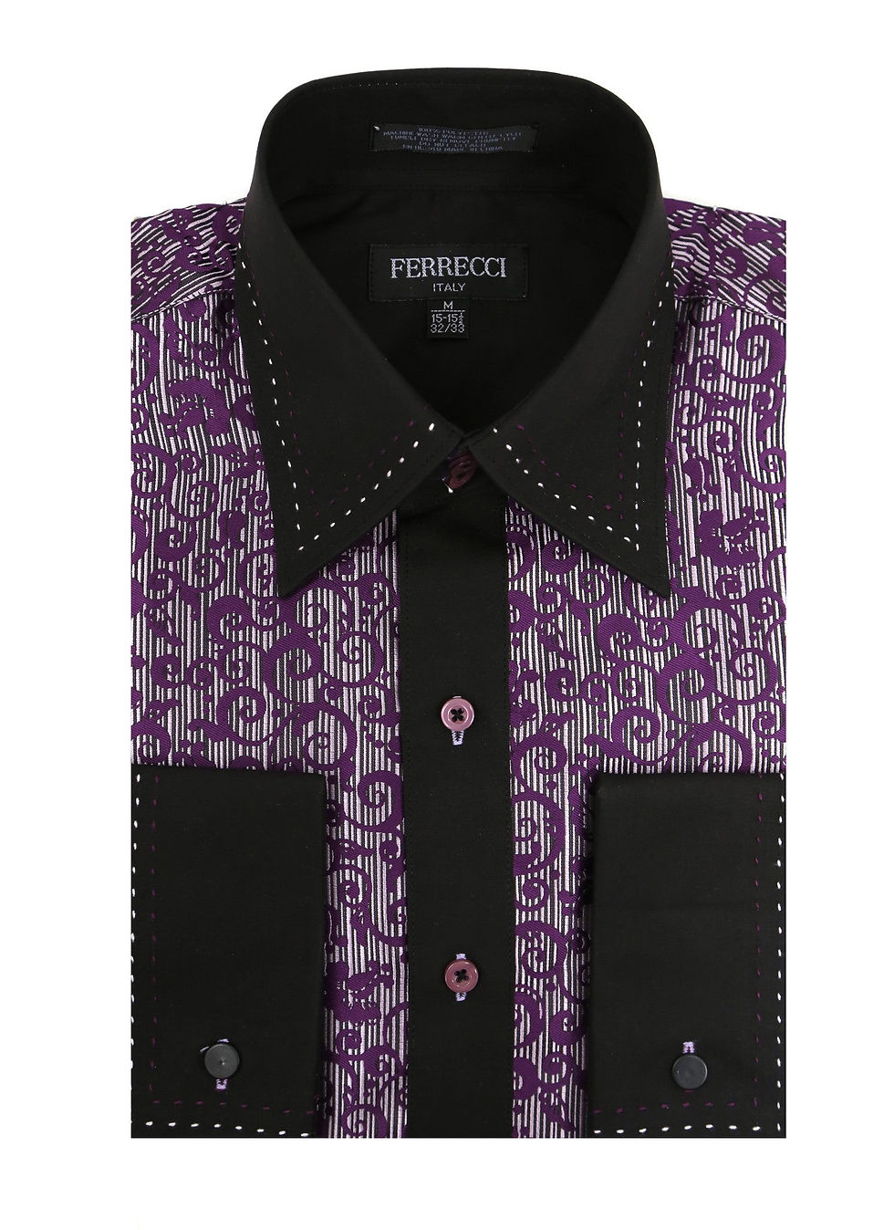 Ferrecci Men's Satine Hi-1007 Purple Scroll Pattern Button Down Dress Shirt