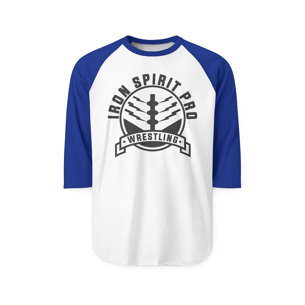Thumbnail: Iron Spirit Pro Wrestling Baseball Tee — Black Logo Raglan for Wrestling Fans