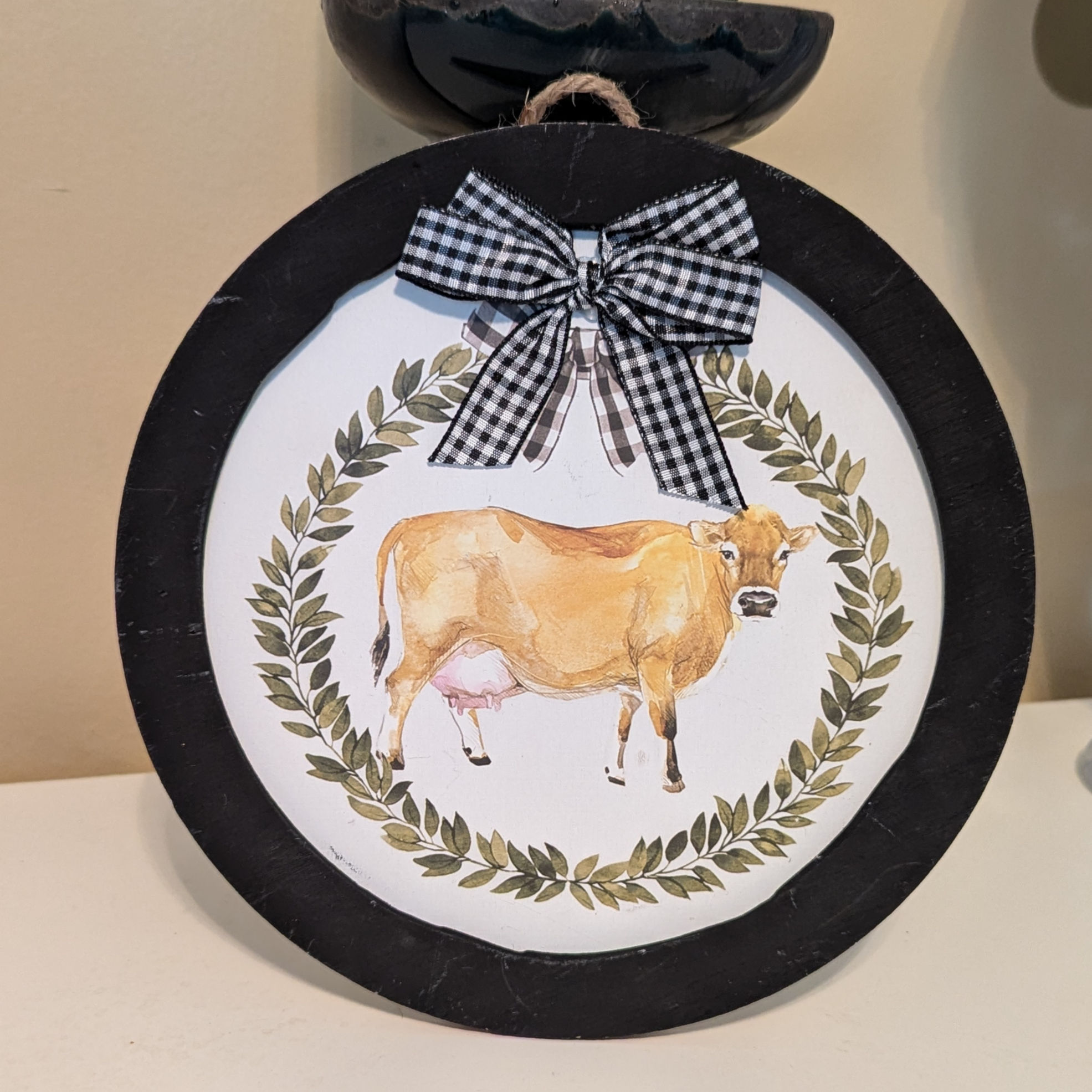 Eucalyptus and Cow Print Circular Art Hanging