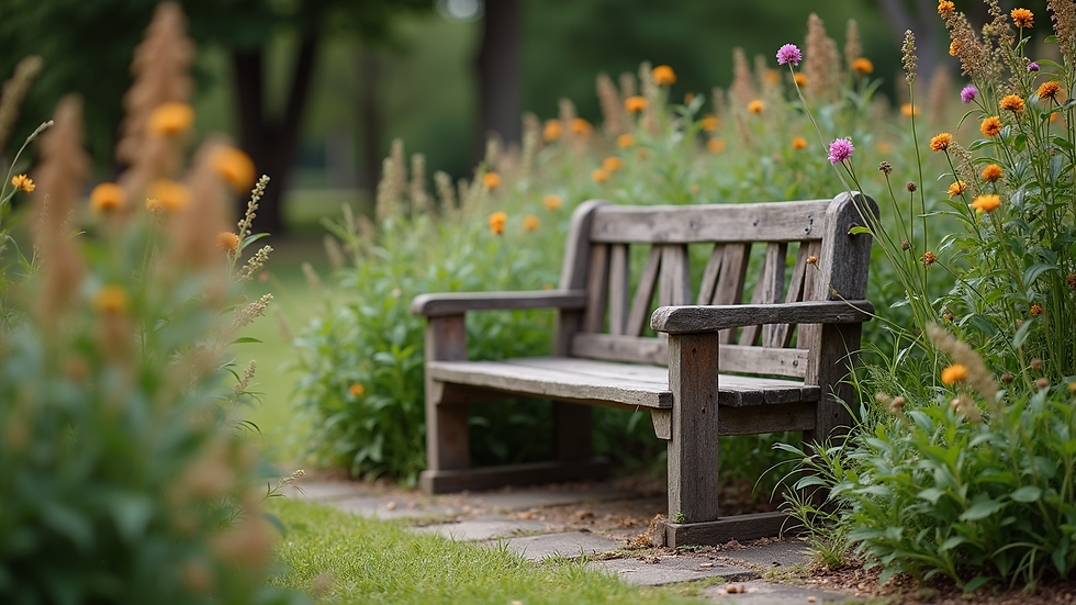 Eye-level view of a rustic garden bench surrounded by native plants and flowers