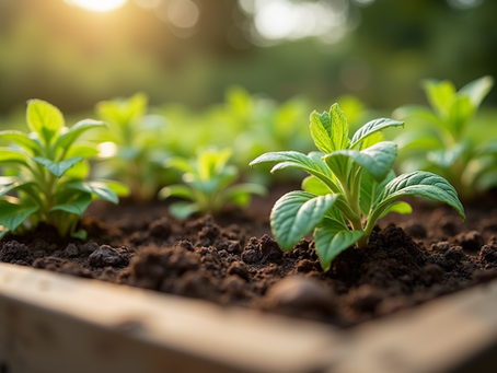 Small plants growing in rich brown soil