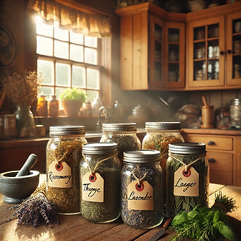 Jars of herbs labeled Rosemary, Thyme, Lavender, Lager on a wooden kitchen counter. Sunlight streams through a window, creating a cozy mood.