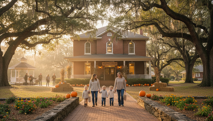 Eye-level view of children and parents entering a small-town community library event on a warm fall evening