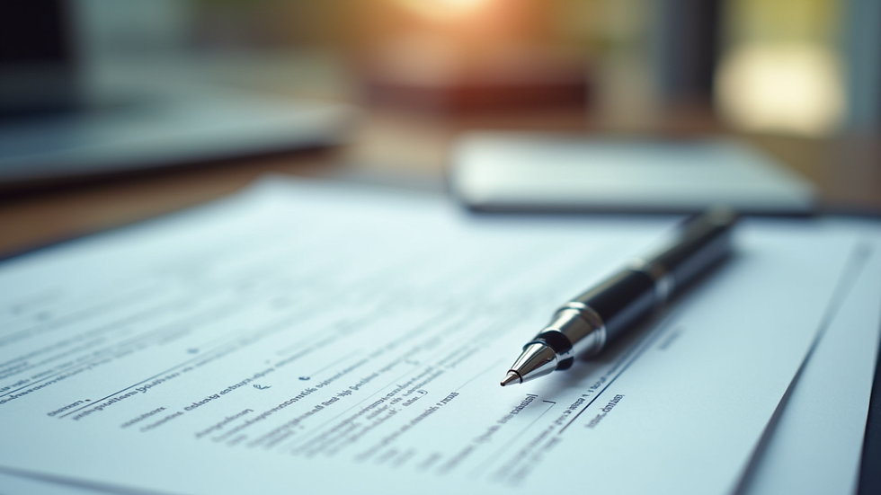 Close-up view of legal documents and a pen on a desk