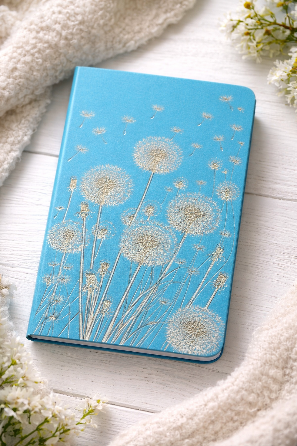 A5 turquoise PU leather notebook with engraved dandelion design, photographed on a white wooden surface with soft neut