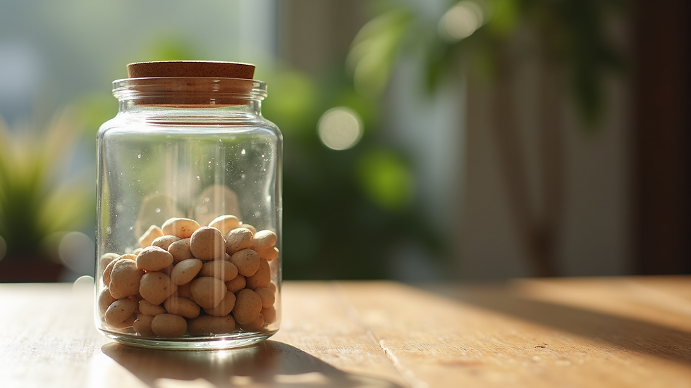 Eye-level view of a filled memory jar on a wooden surface