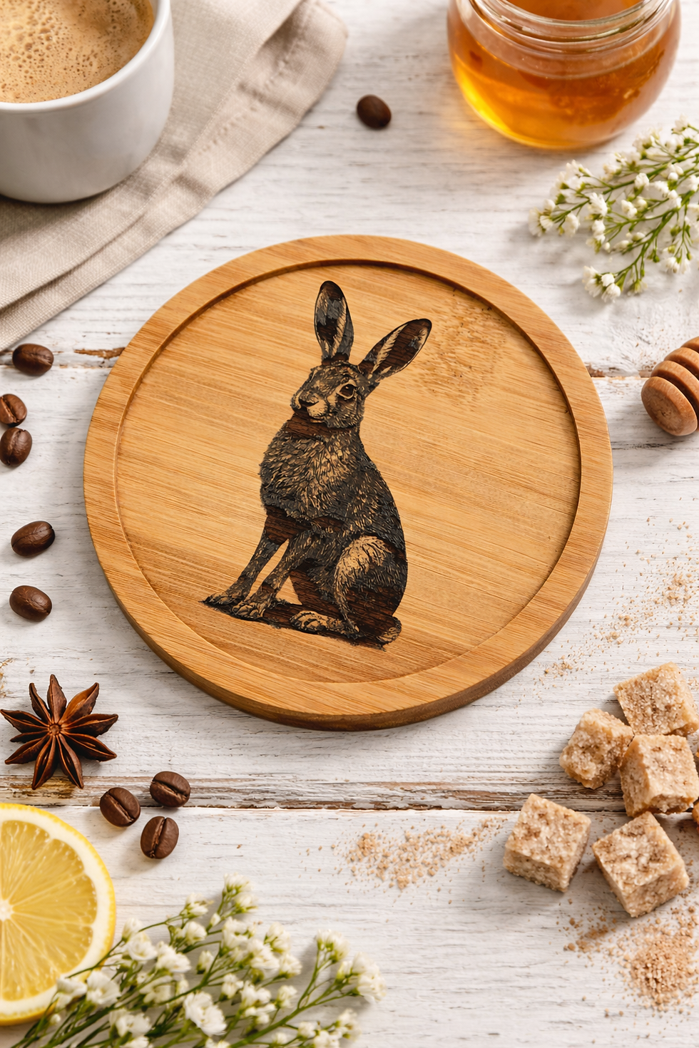 Thumbnail: Laser Engraved Woodland Animal Wooden Coaster with Rim | Handmade in Wisbech