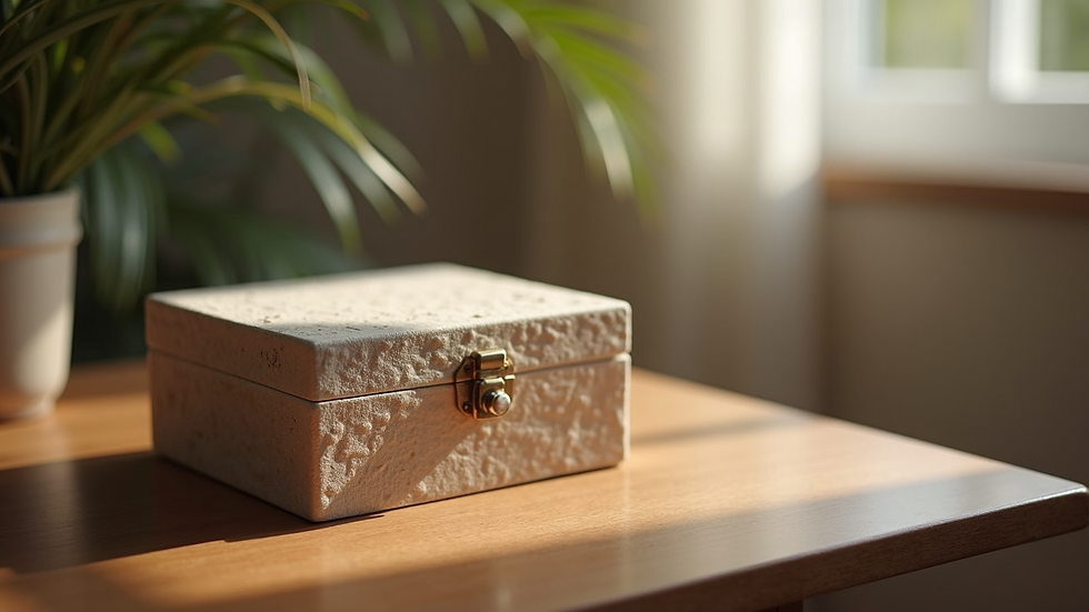 High angle view of a decorative keepsake box on a table