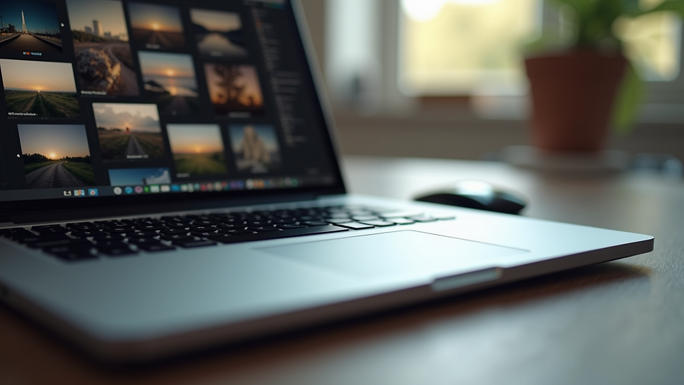 Close-up view of a laptop with a digital photo collection displayed