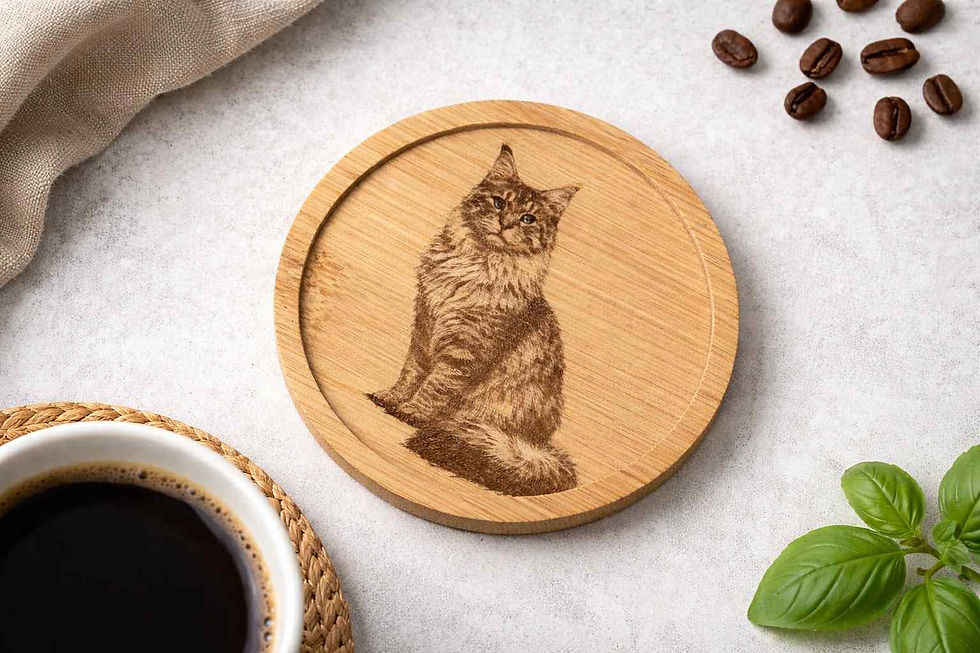 Thumbnail: Laser Engraved Cat Bamboo Coaster – Wooden Gift - Handmade in Wisbech 