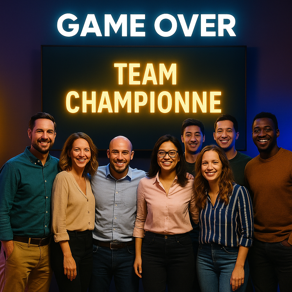 collègues souriants posent devant un écran affichant "TEAM CHAMPIONNE" sous l’enseigne "GAME OVER", dans une ambiance détendue aux tons bleus et jaunes.