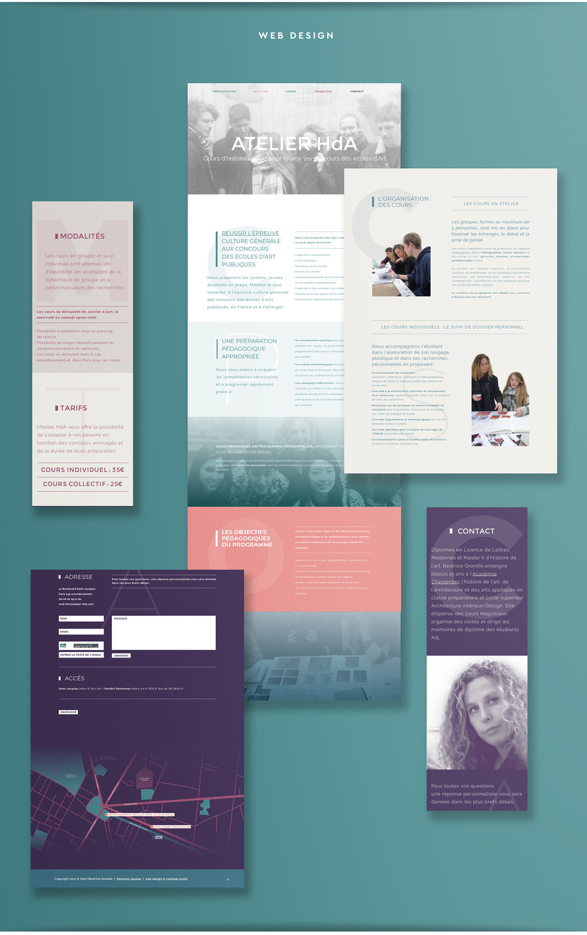 A web design layout showcasing six sections with varied content, including text, images of people, pricing information, and a contact form against a teal background.