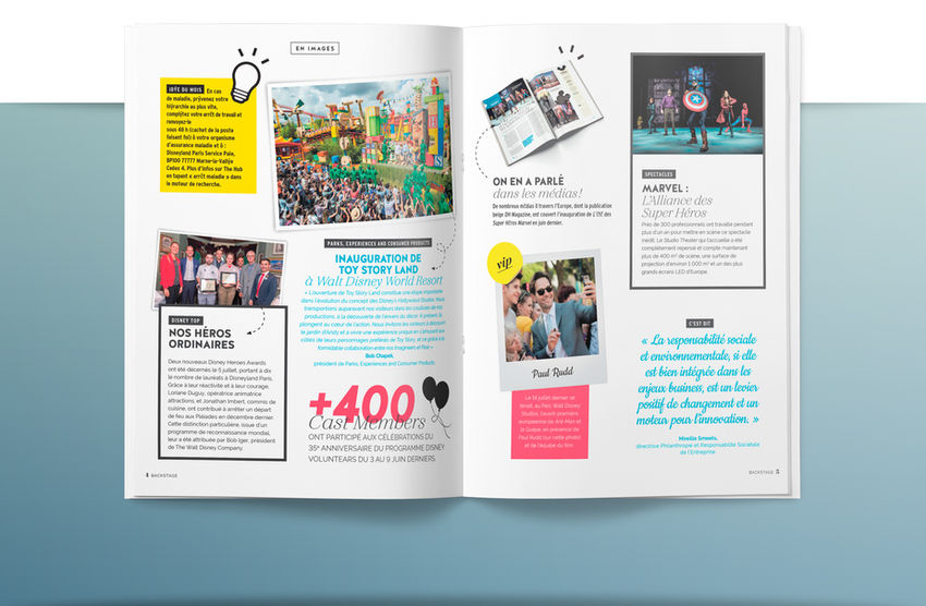 Open magazine showing articles, colorful images, and text about various events and people.