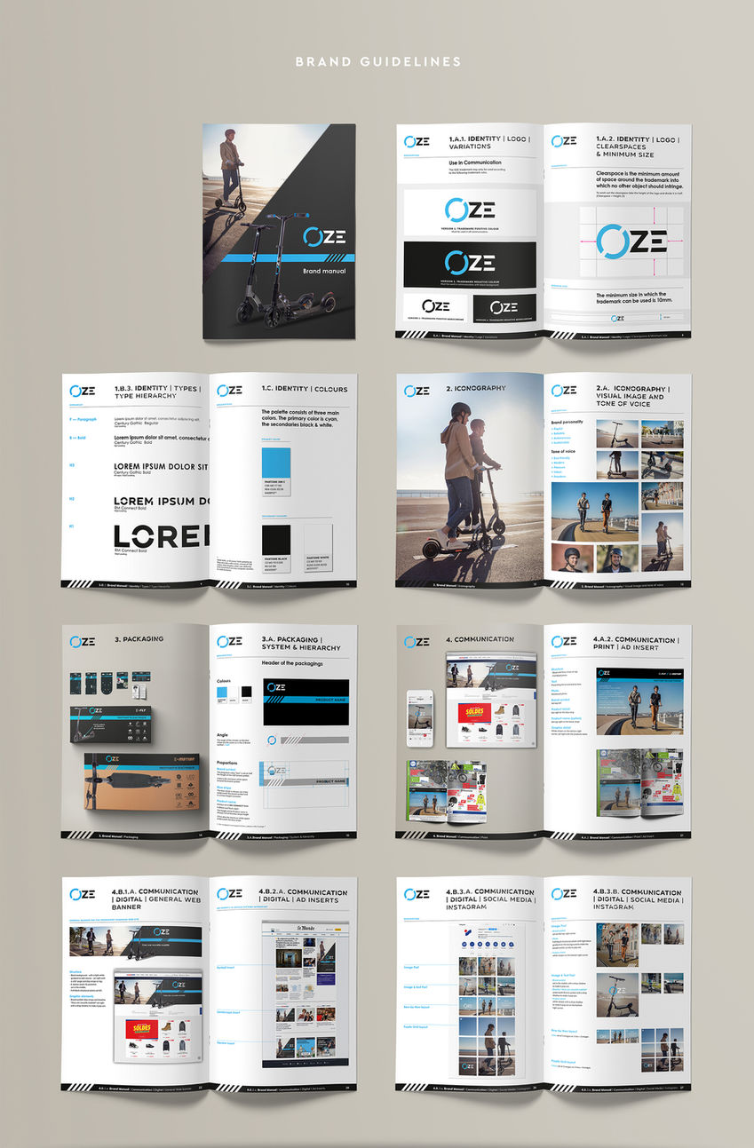 An open booklet displaying brand guidelines for "Oze." The pages include logo usage, color schemes, typography, imagery, and communication examples. The cover features a person with a scooter.