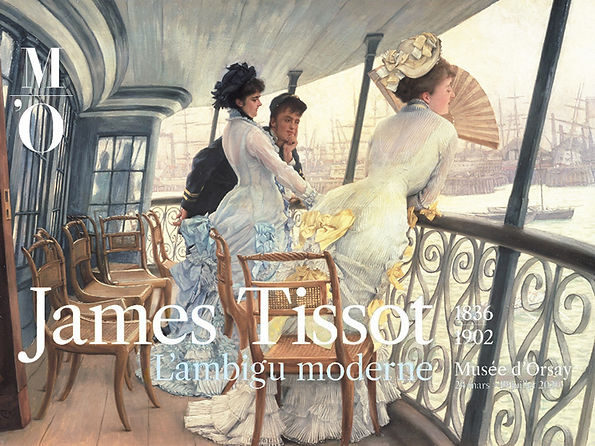 Painting of three women in Victorian-era dresses on a ship's deck, overlooking a harbor. Text overlaid with "James Tissot" and exhibit details at Musée d'Orsay.
