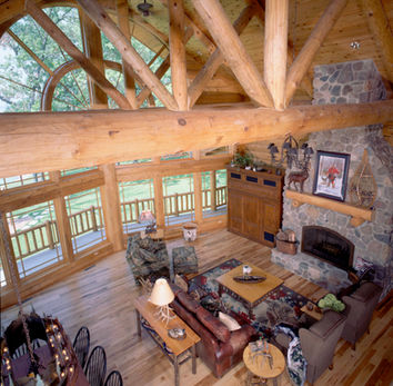 View of an interior living room with all stained wood