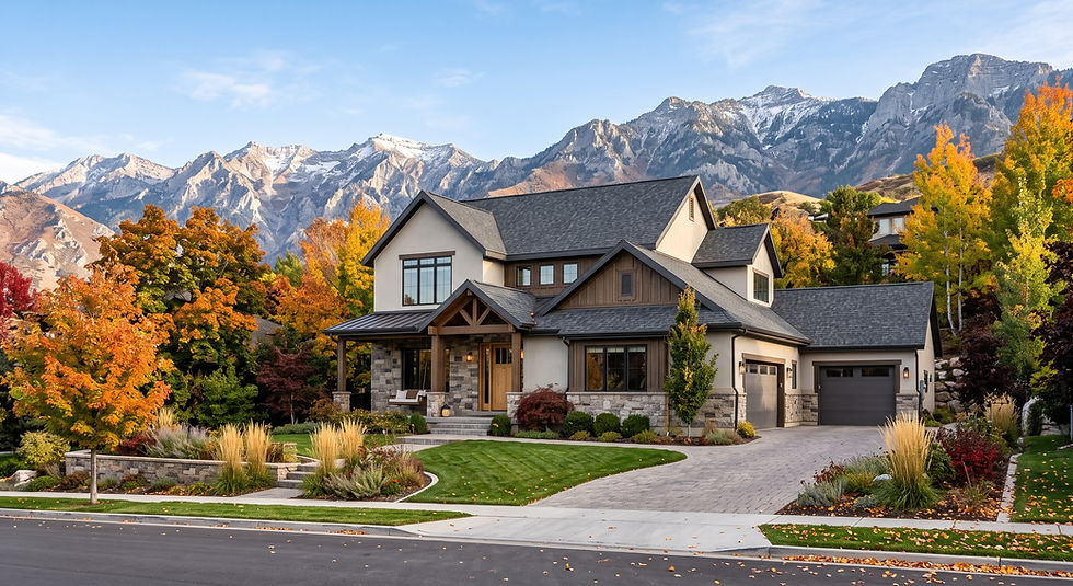 Luxury suburban house with autumn trees and snow-capped mountains in the background under a clear blue sky.