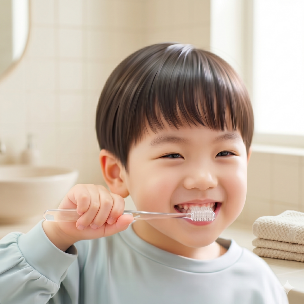 A young boy smiling warmly while holding a clear toothbrush in his mouth