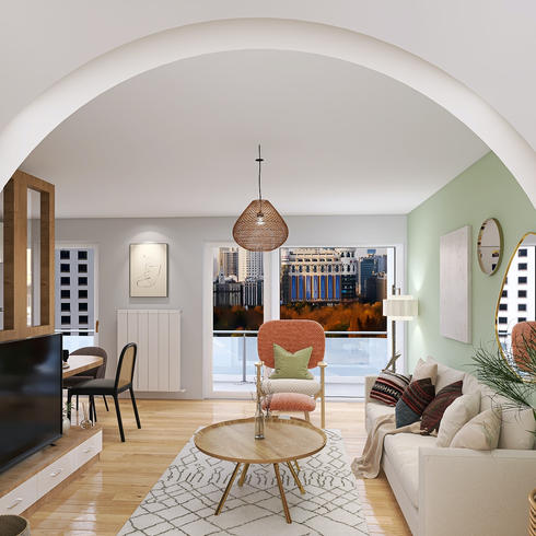 Pièce de vie de 25 m2 au style bohème