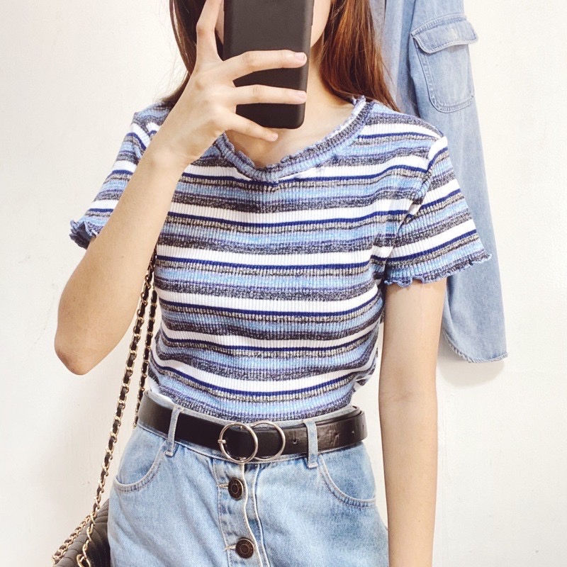 Thumbnail: Knitted crop top lettuce edge stripes