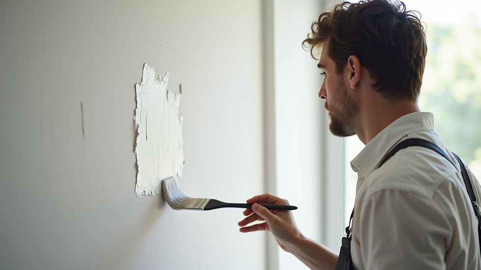 Vue en plongée d’un peintre appliquant une couche de peinture blanche sur un mur intérieur