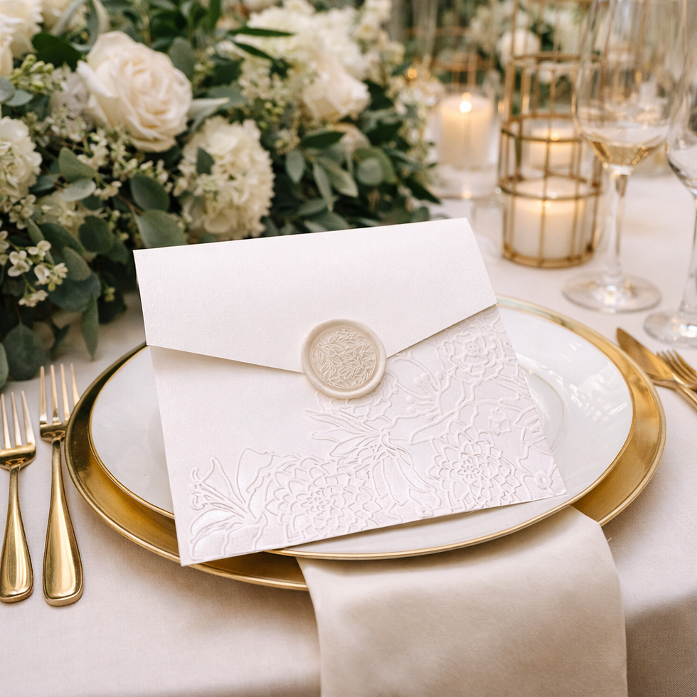Ivory Pocket fold wedding invitation with embossing and wax seal