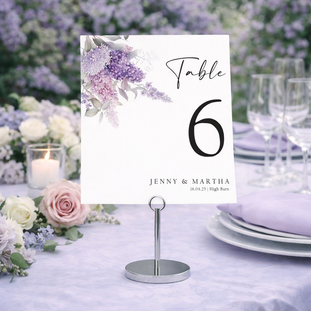 Wedding Table Number Card - with lilac