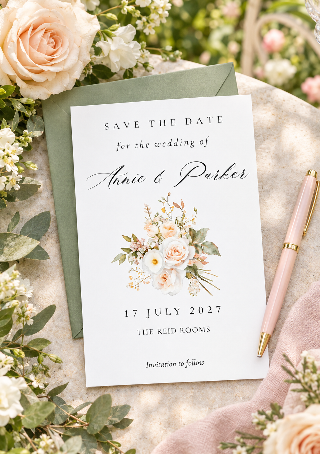 Printed Save the Date Card with ivory roses
