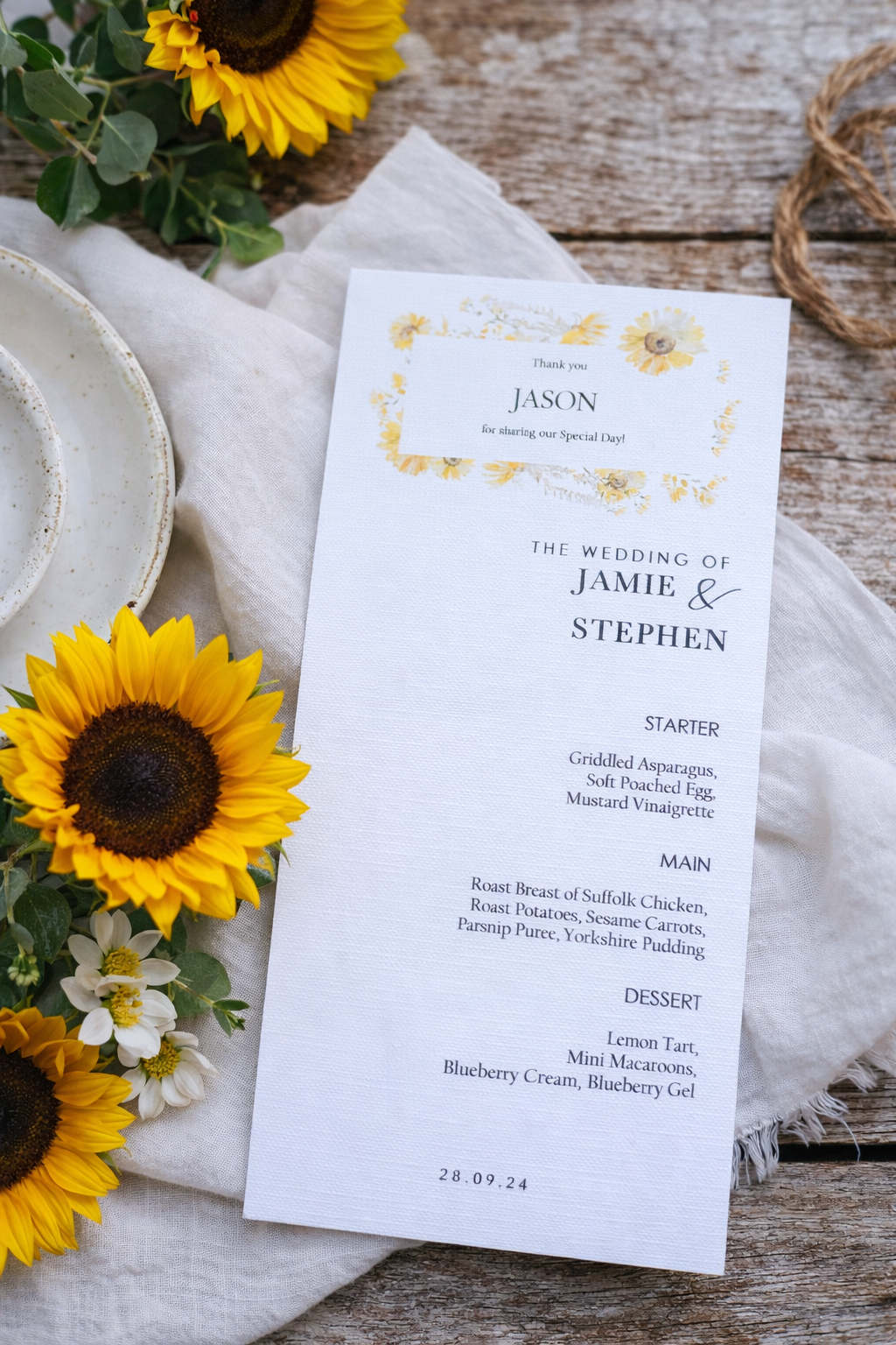 Menu card with guest name and personal message