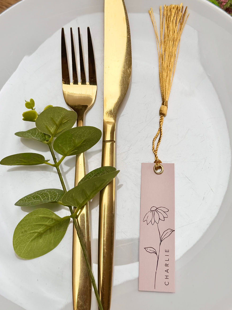 Thumbnail: Blush and White Wedding Day Place name tags with gold tassel