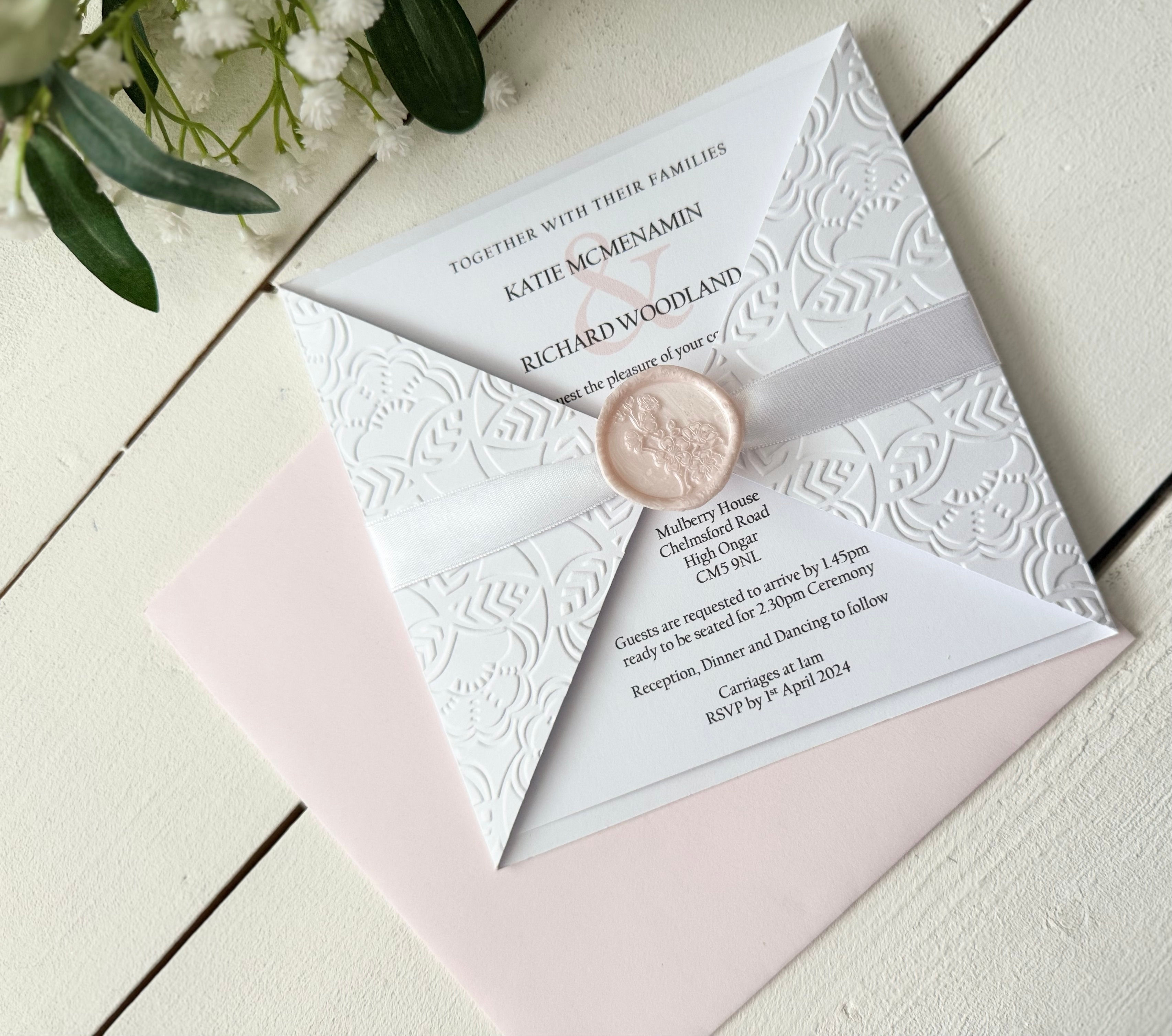 White and Blush wedding invitation with wax seal