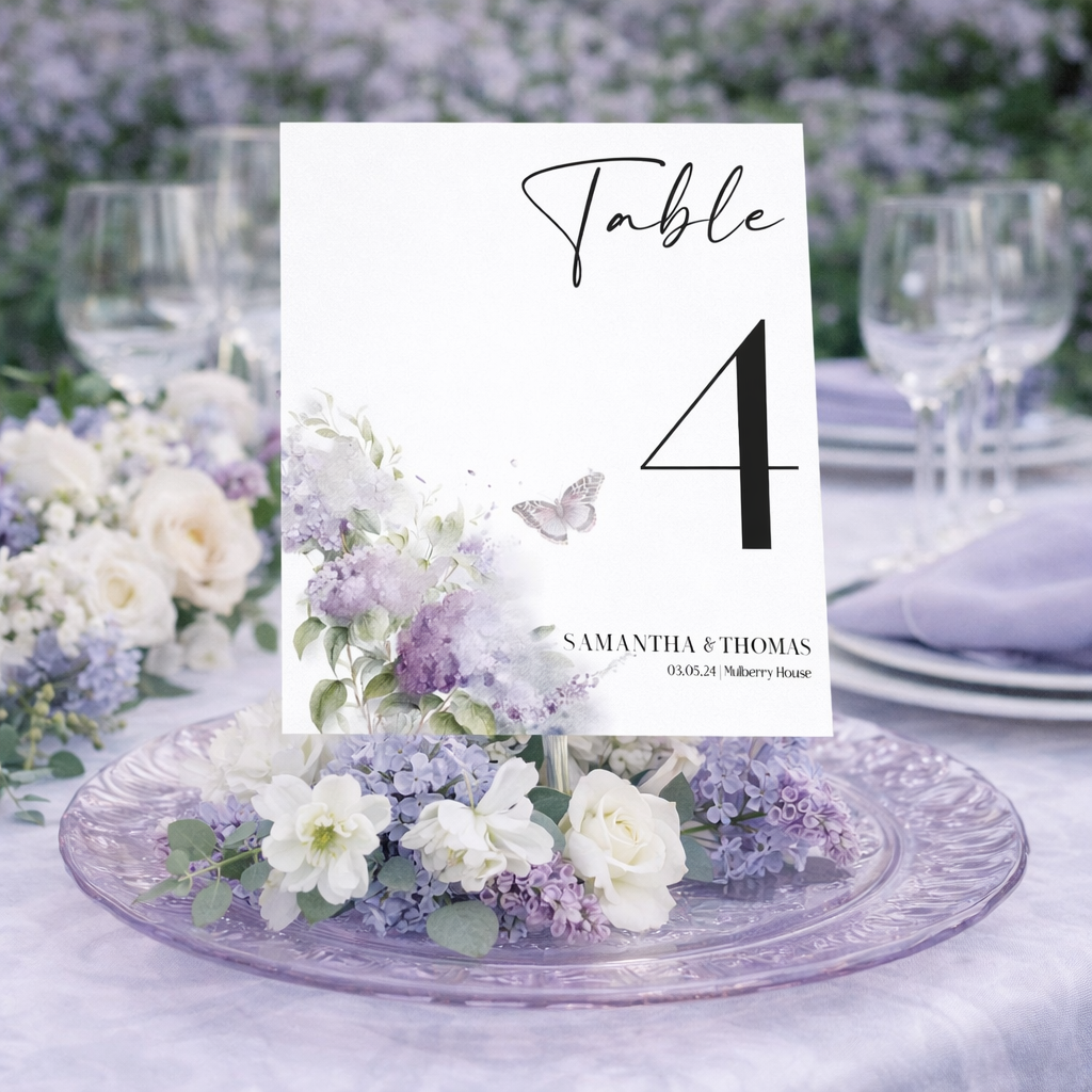 Lilac and White wedding table number card