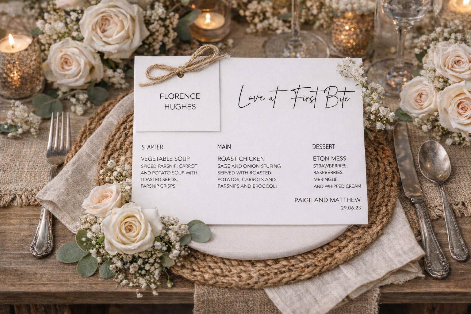 White menu card with attached guest name tag