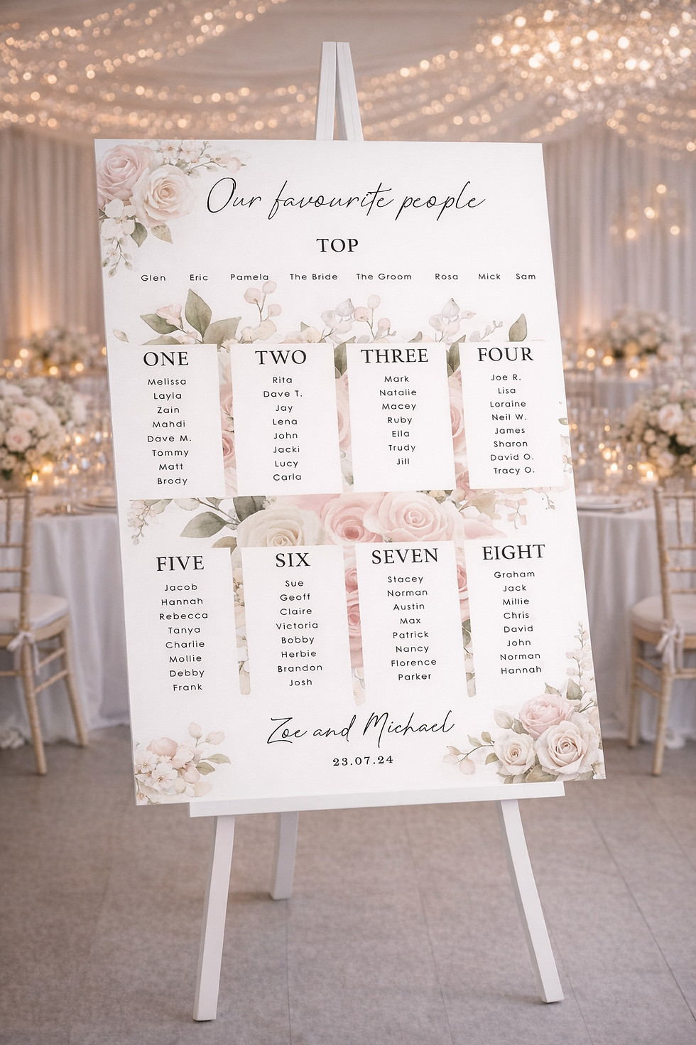 Wedding Table Plan with Dusky Pink Roses