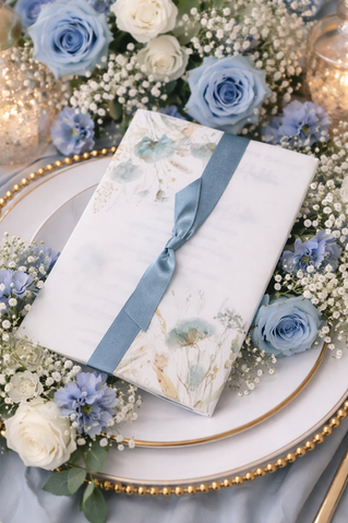 Wedding invitation with dusky blue florals
