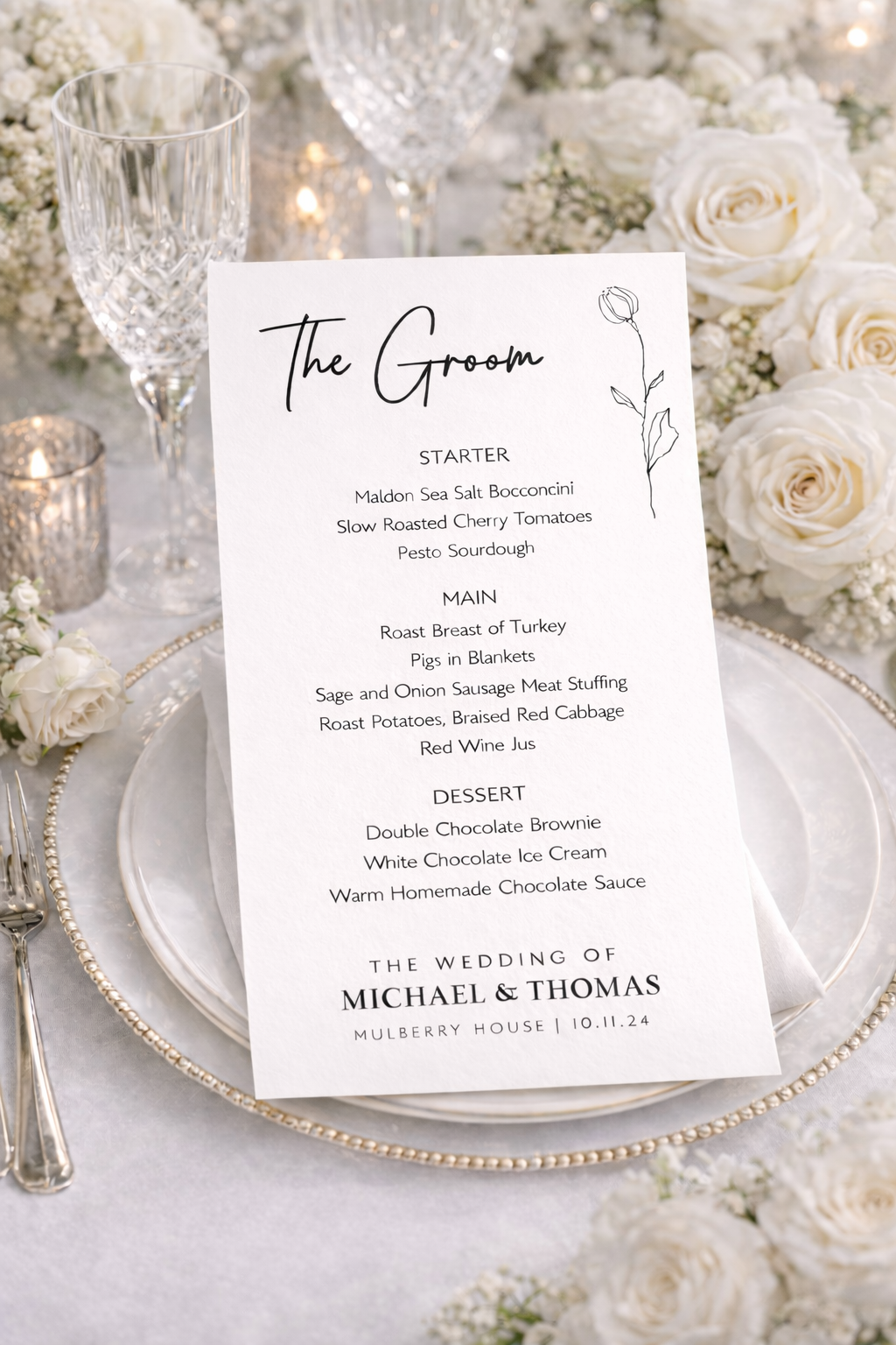 White menu card with printed guest name