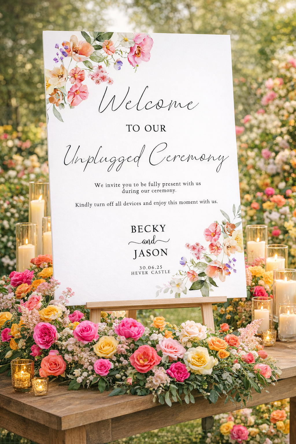 Wedding Day Unplugged Ceremony Sign with bright summer flowers