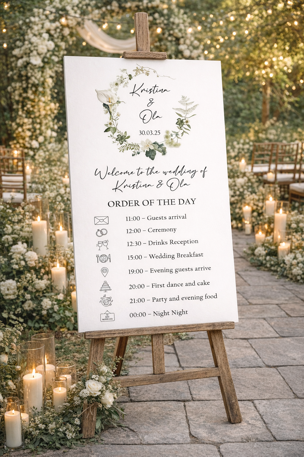 Wedding day Welcome sign with order of day itinerary